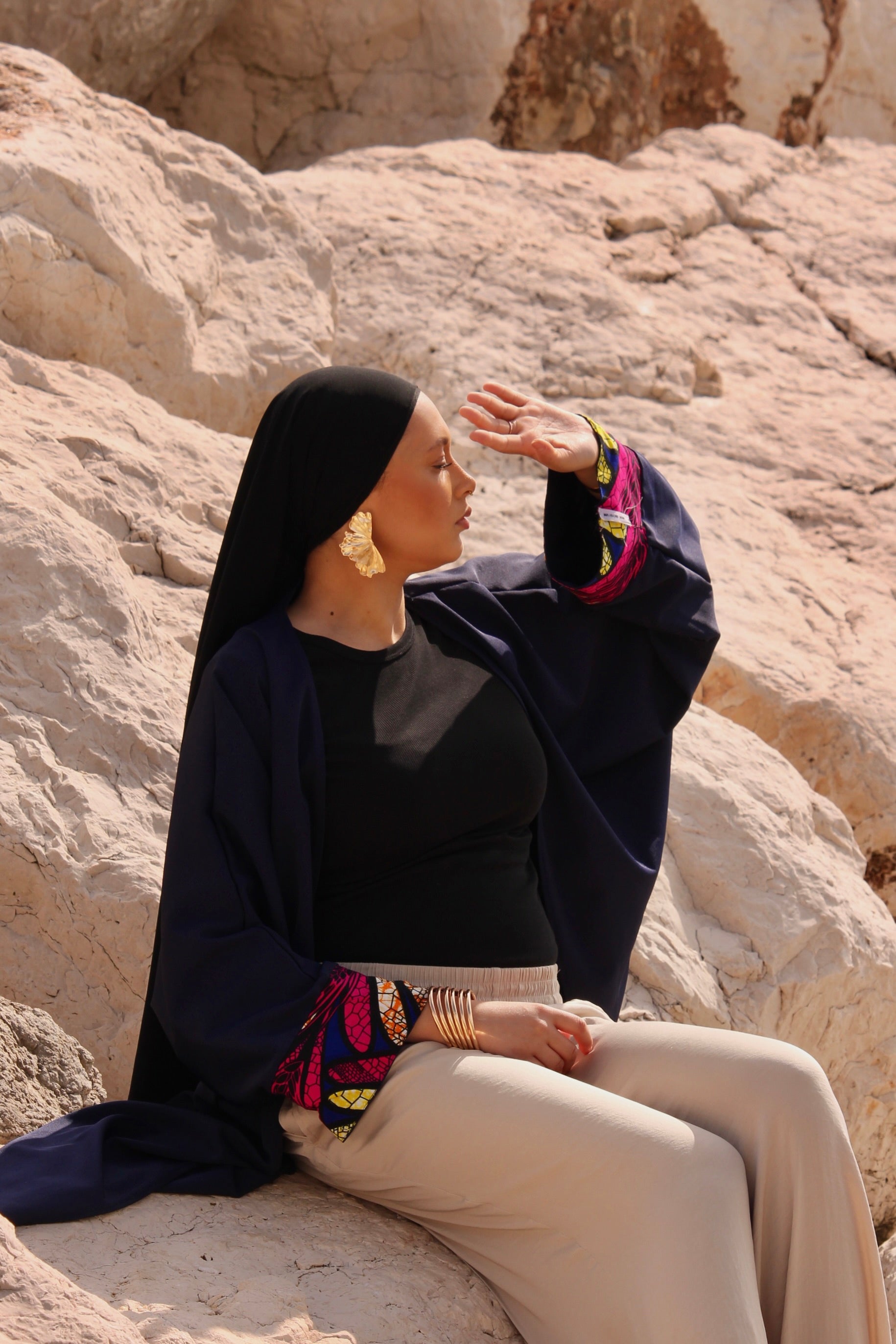 Kimono Soleïa en wax bleu marine rose et et orange - NM Maison