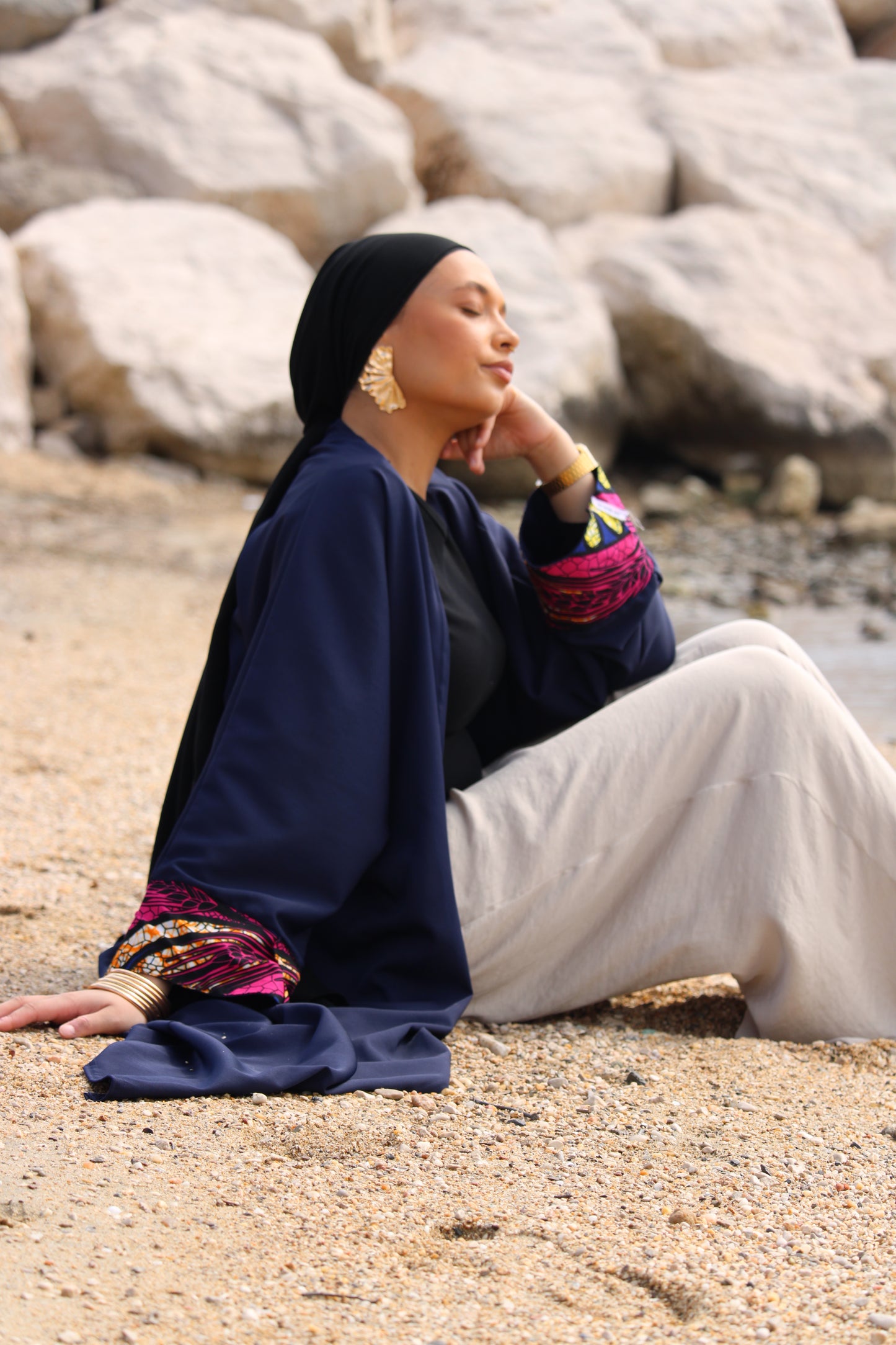 Kimono Soleïa en wax bleu marine rose et et orange - NM Maison