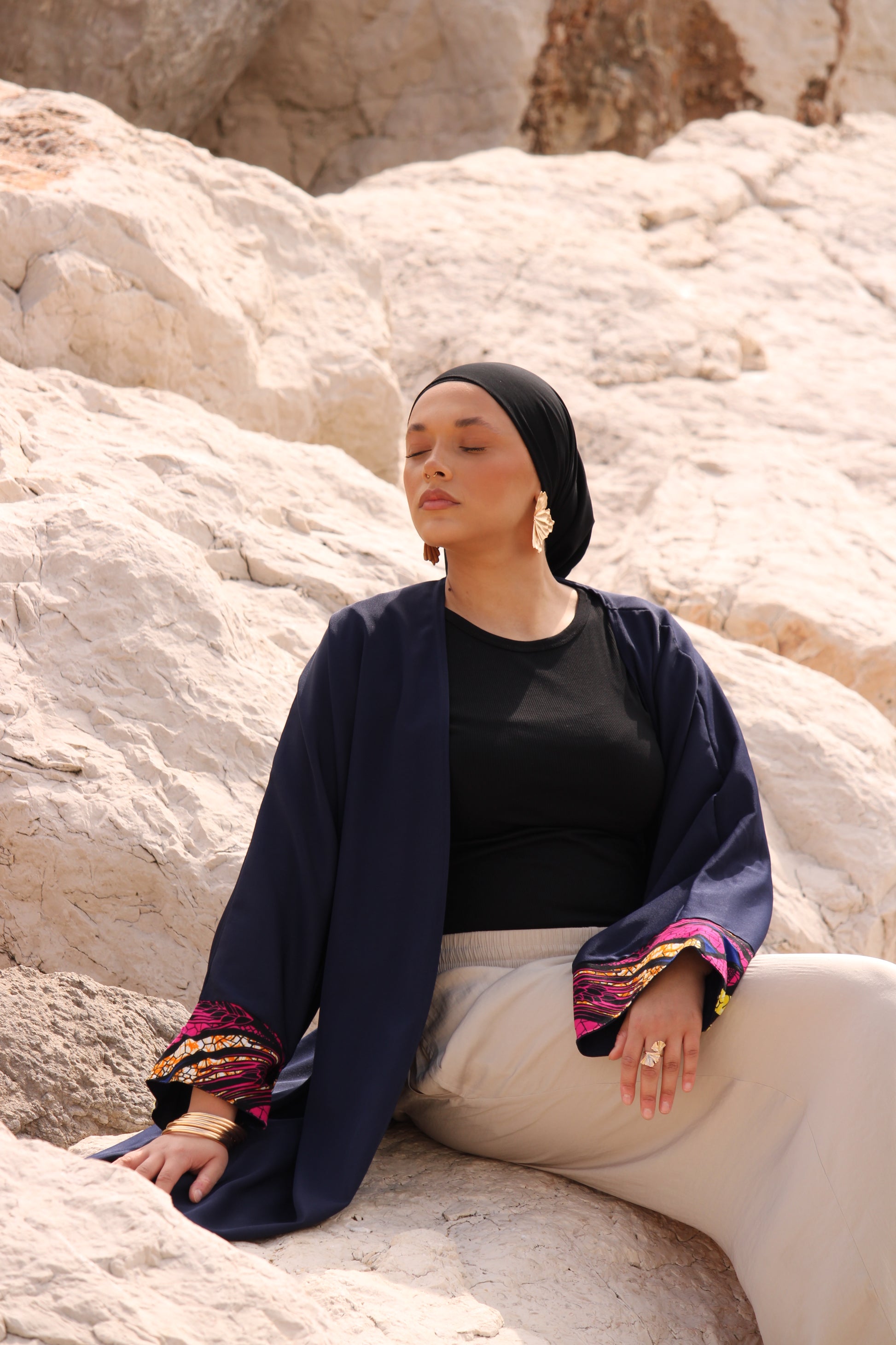 Kimono Soleïa en wax bleu marine rose et et orange - NM Maison